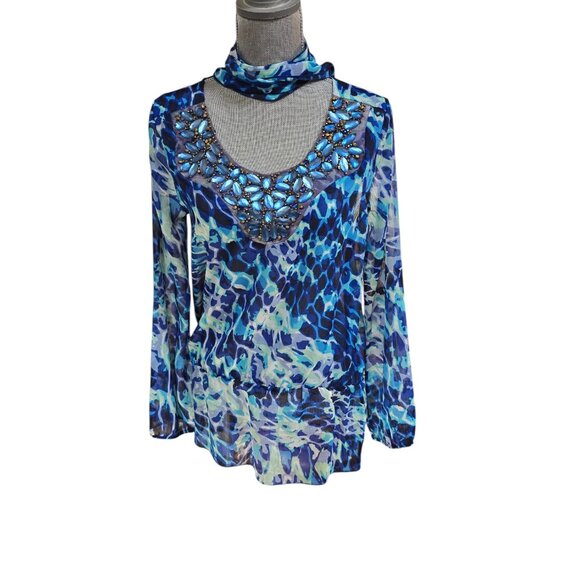 Cache Women's Blue Beaded Long Sleeve Sheer Blouse Small NWT - Picture 7 of 7